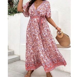 Plus Floral Print Belted Butterfly Sleeve Maxi Dress 1X 2X 3X 4X